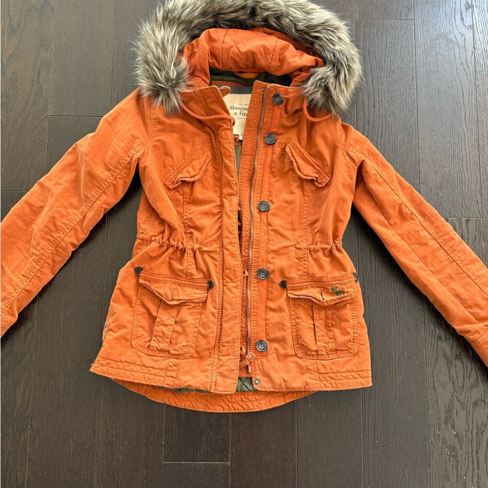 Y2K Abercrombie Fitch Orange Faux Fur Hood Parka Jacket S Women